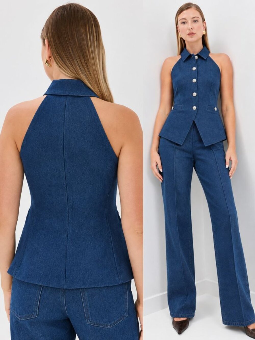 Veronica Beard Orlinda Vest Denim Blue Halter Button Placket Collared Size 12